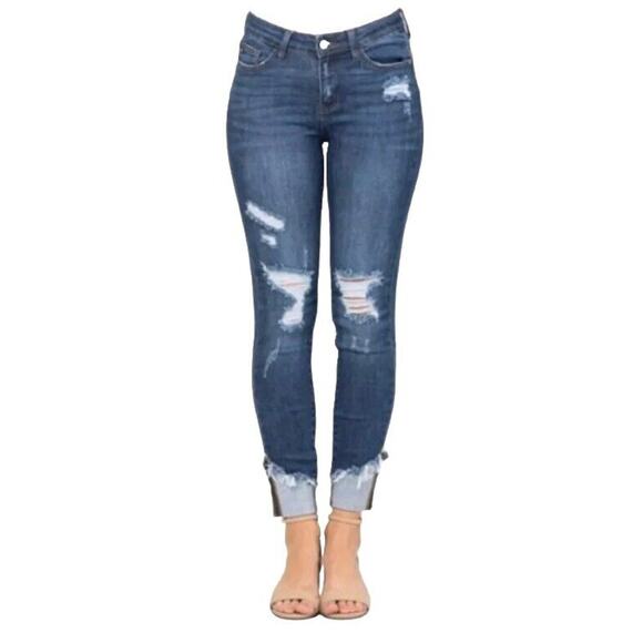 Judy Blue 7/28 MID Rise Skinny Jeans Blue Distressed FRAY RAW Hems Stretch - Picture 12 of 13